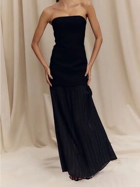 PrettyLittleThing BANDEAU PLEATED CHIFFON SKIRT PANEL MAXI DRESS Black 8 NEW NWT